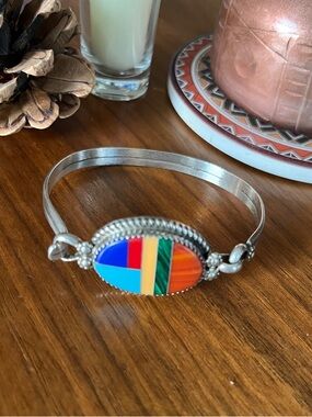 Stamped Navajo Multi-stone Inlay Oval Sterling Silver Bracelet